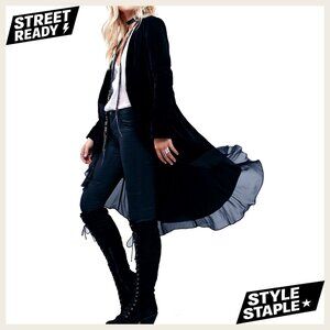 Long Velvet Blazer Coat with Ruffles Asymmetric Hem Cardigan Style